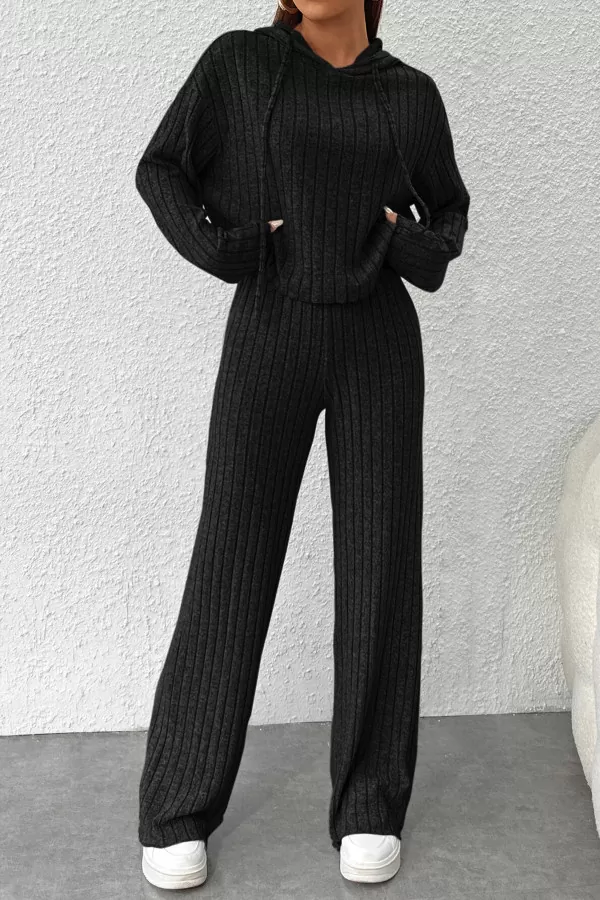 Siyah Crop Bluz Pantolon Alt Üst Takım