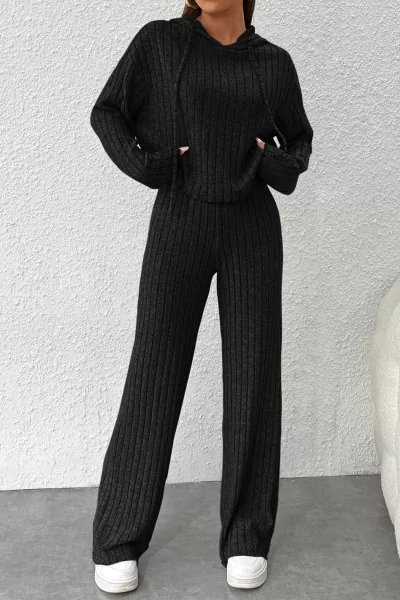 Siyah Crop Bluz Pantolon Alt Üst Takım