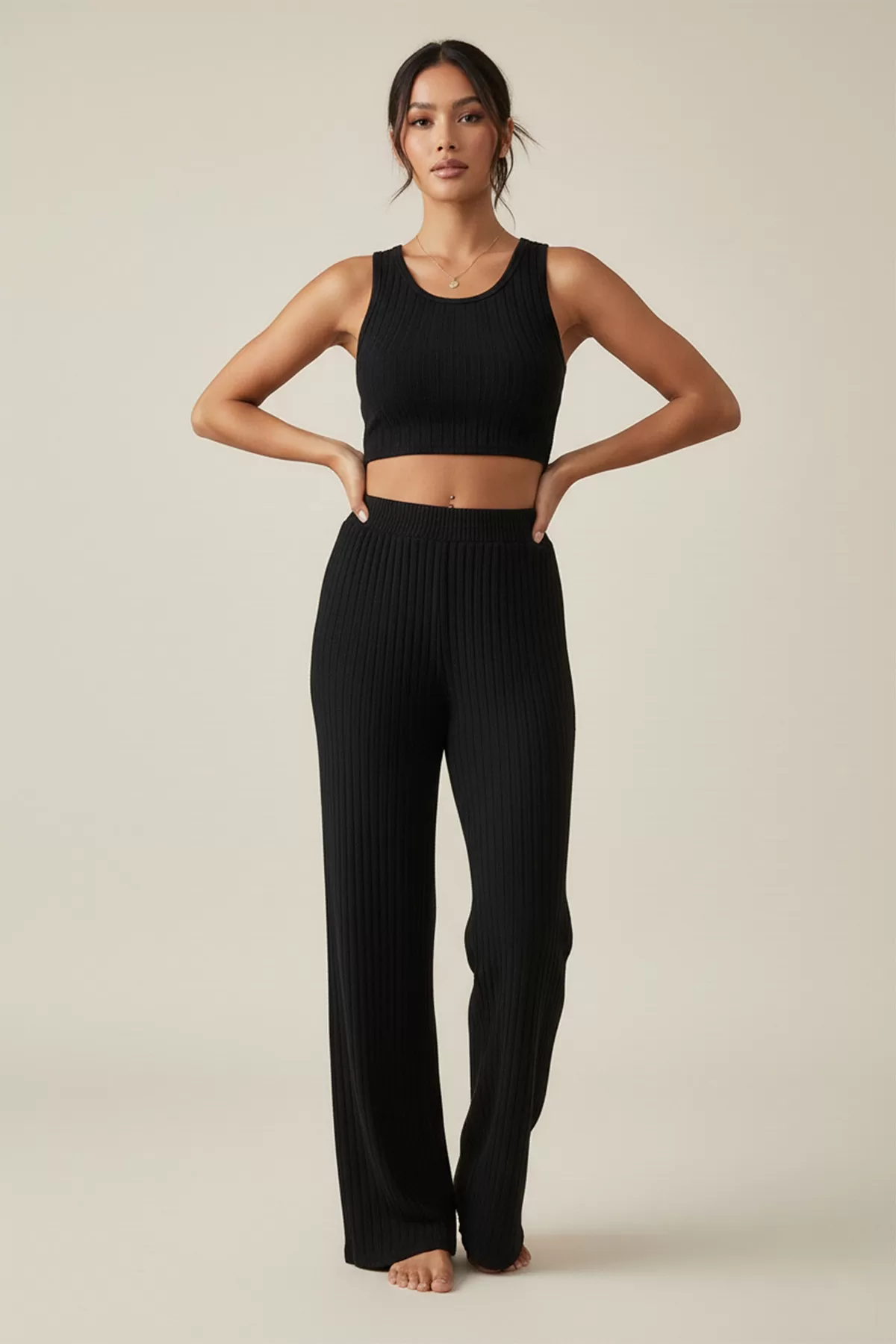 Siyah Crop Bluz Pantolon Alt Üst Takım