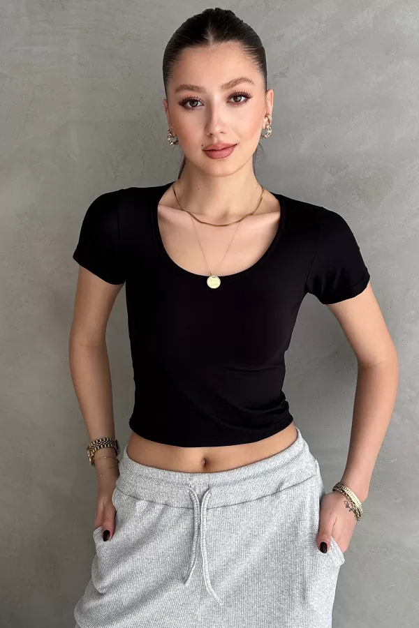 Siyah Dalgıç Kumaş Crop Body