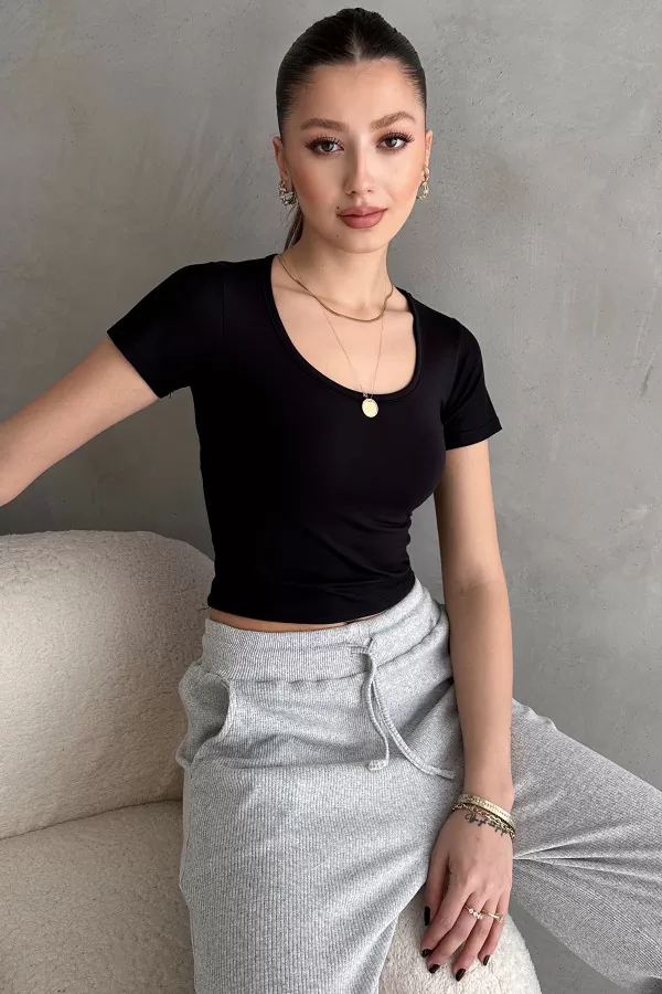 Siyah Dalgıç Kumaş Crop Body