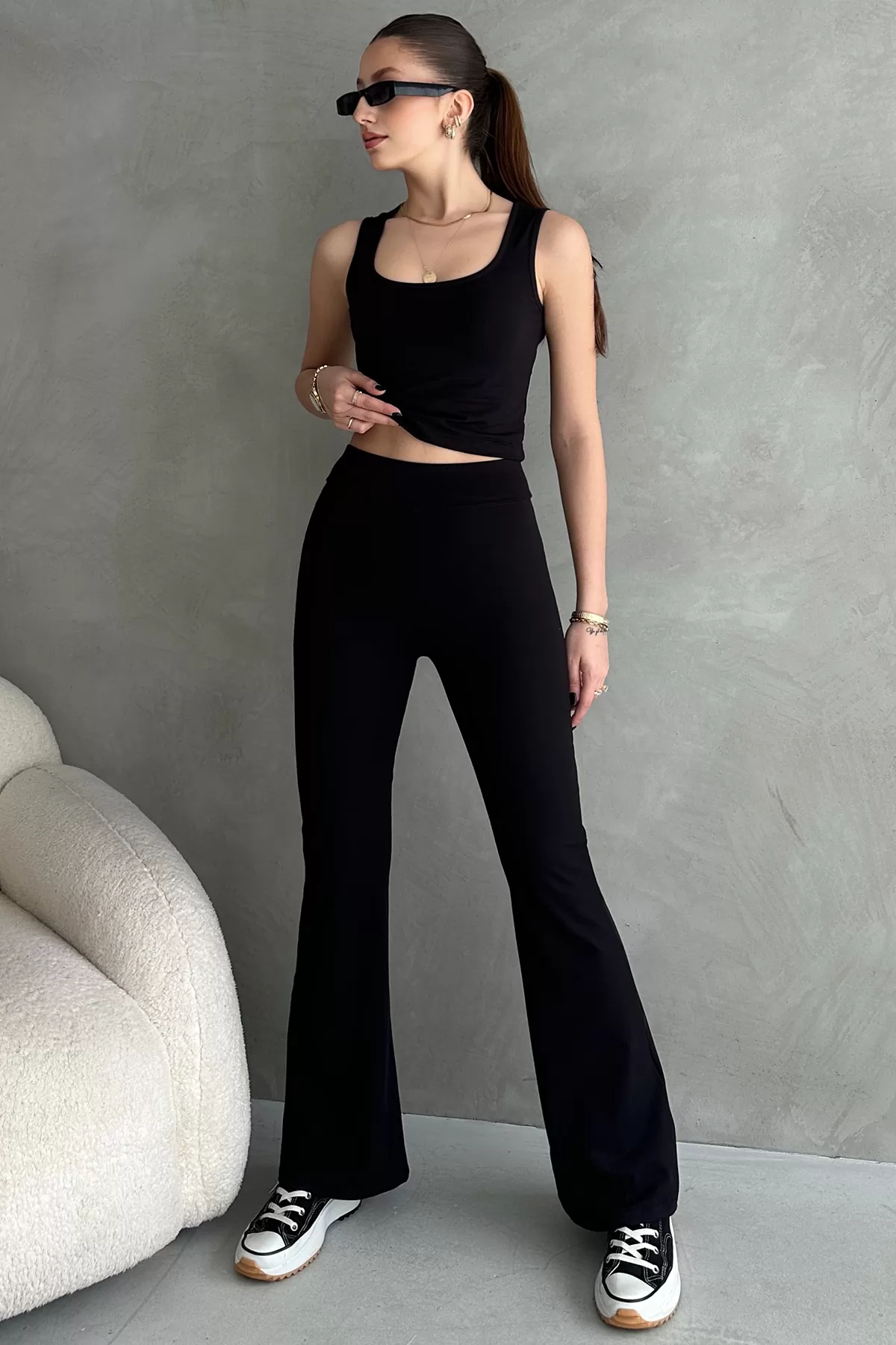 Siyah Dalgıç Kumaş Crop Pantolon İkili Takım