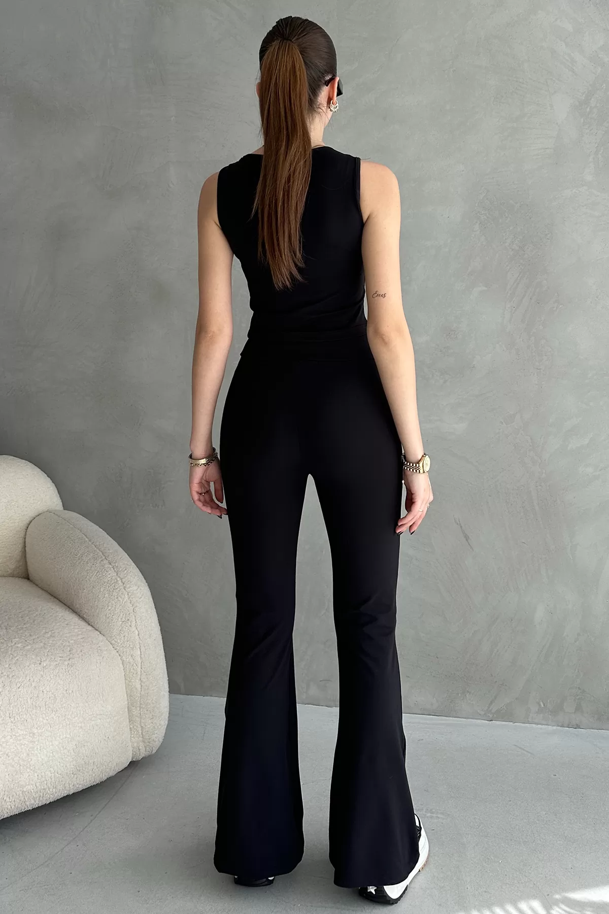 Siyah Dalgıç Kumaş Crop Pantolon İkili Takım