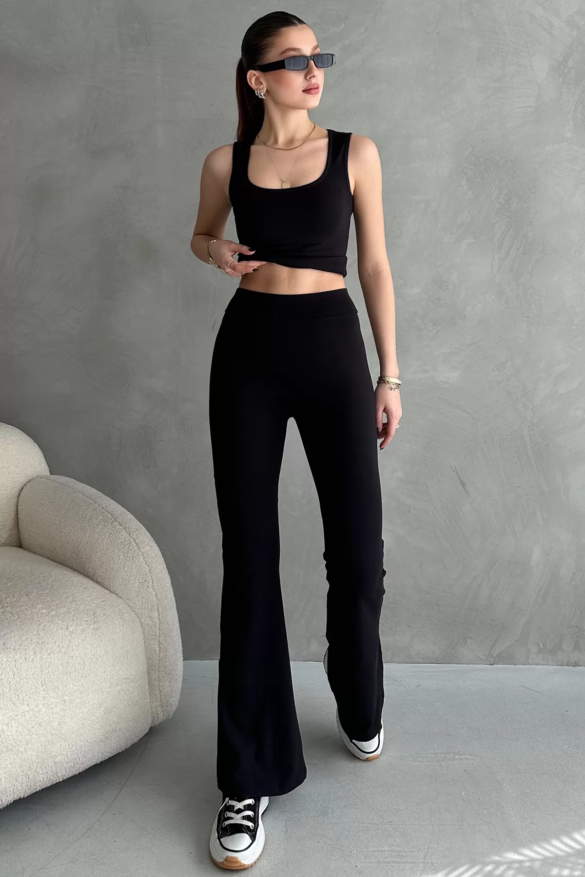 Siyah Dalgıç Kumaş Crop Pantolon İkili Takım