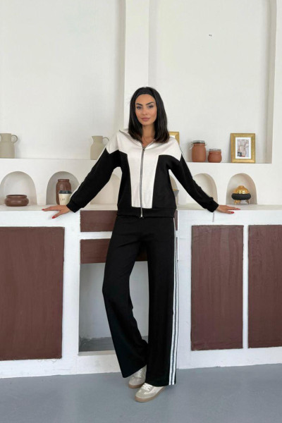 Siyah Ekru Modal Kumaş Kadın Eşofman Takımı