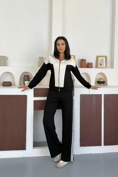Siyah Ekru Modal Kumaş Kadın Eşofman Takımı