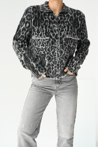 Siyah Gri Leopar Desenli Jakarlı Kadın Hırka