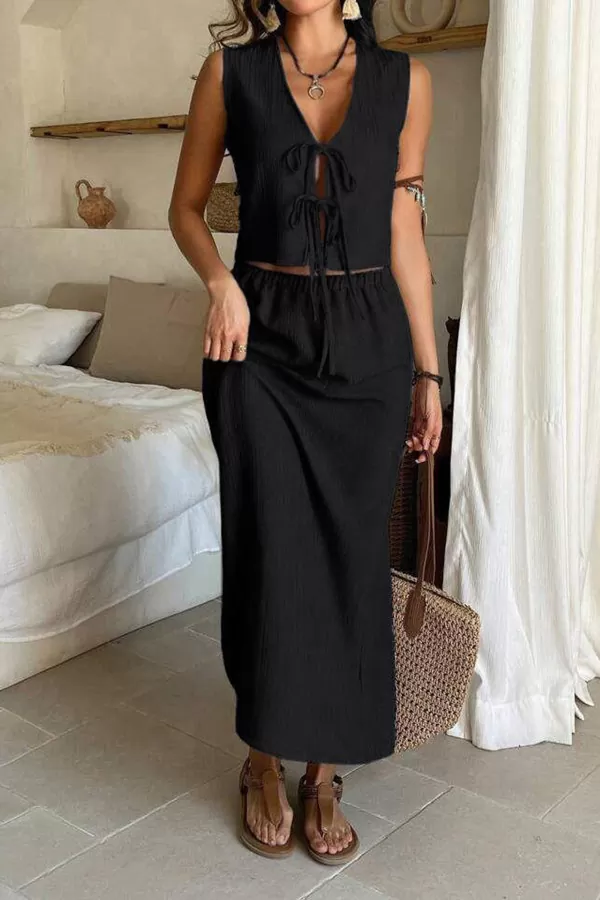 Siyah İp Bağlamalı Bluz Etek Alt Üst Takım