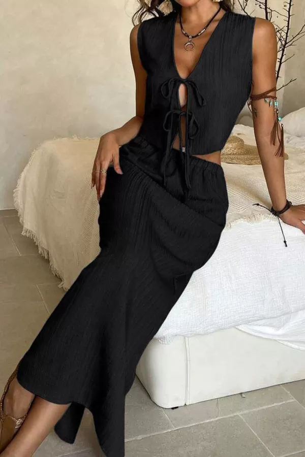 Siyah İp Bağlamalı Bluz Etek Alt Üst Takım