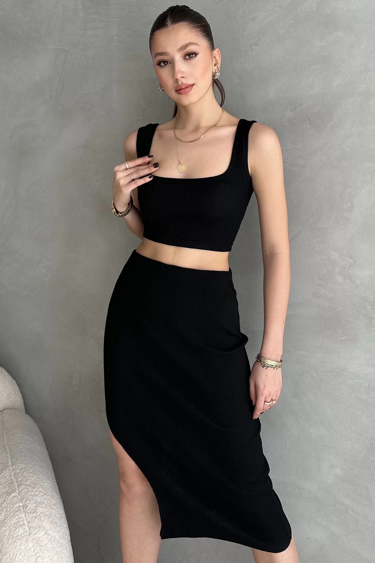 Siyah Kaşkorse Crop Etek Takım