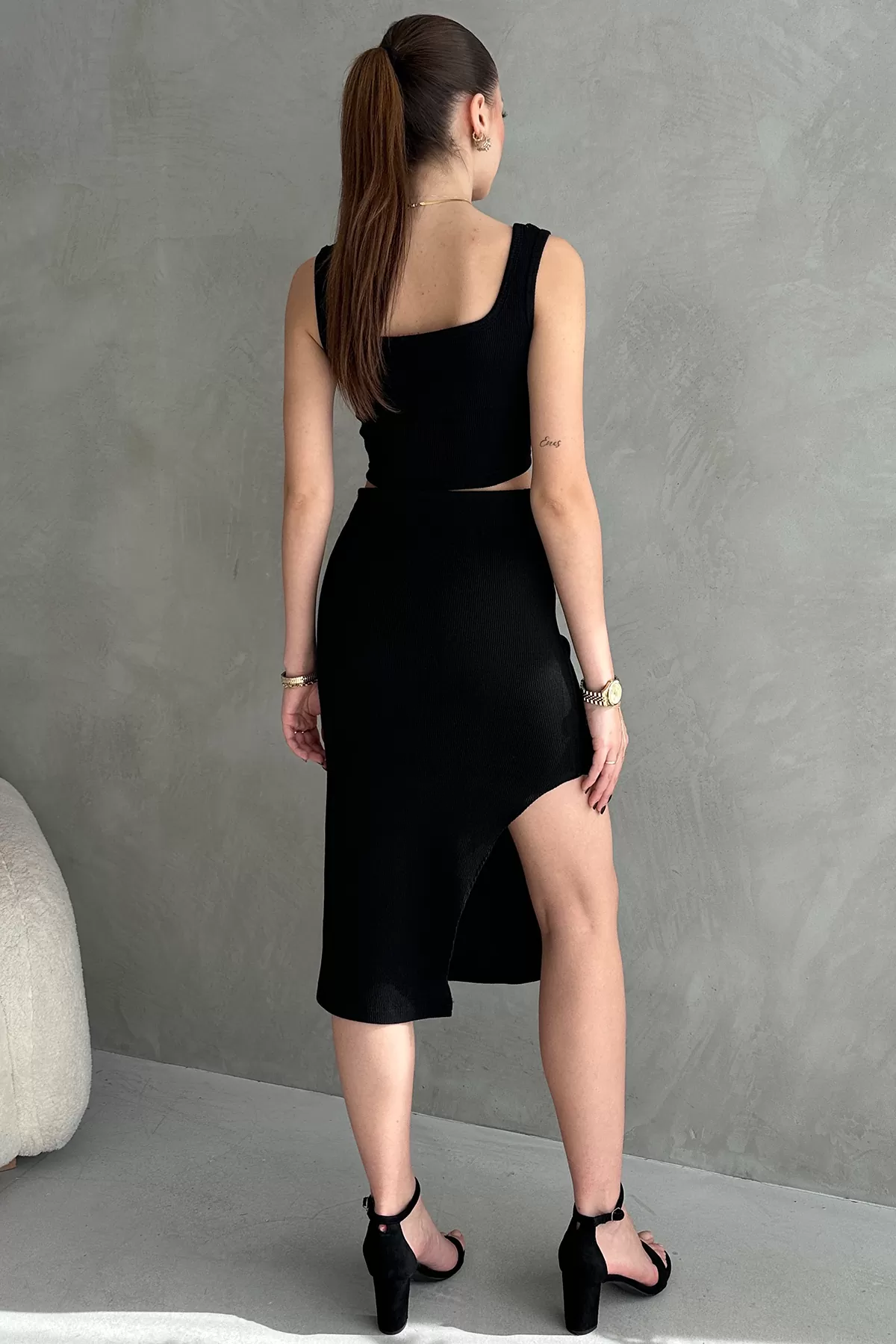 Siyah Kaşkorse Crop Etek Takım