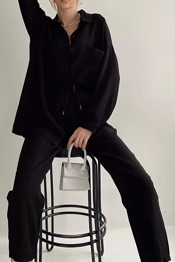 Siyah Keten Gömlek Pantolon Kadın Alt Üst Takım