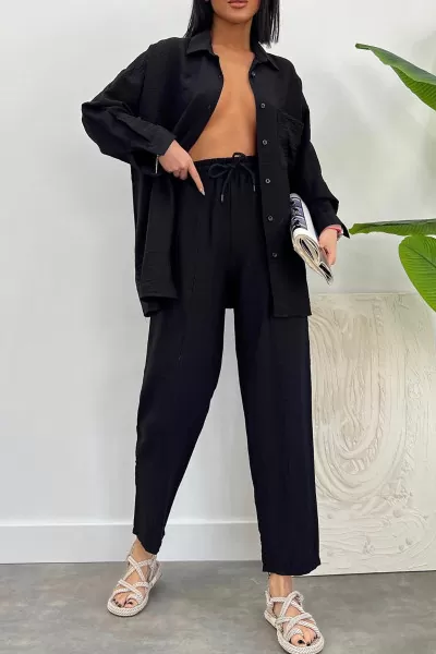 Siyah Keten Gömlek Pantolon Kadın Alt Üst Takım
