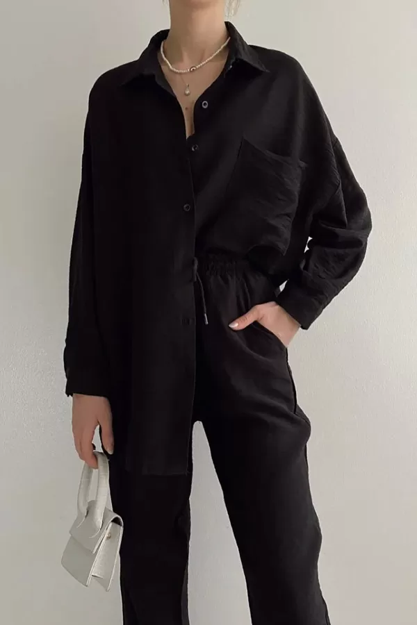 Siyah Keten Gömlek Pantolon Kadın Alt Üst Takım