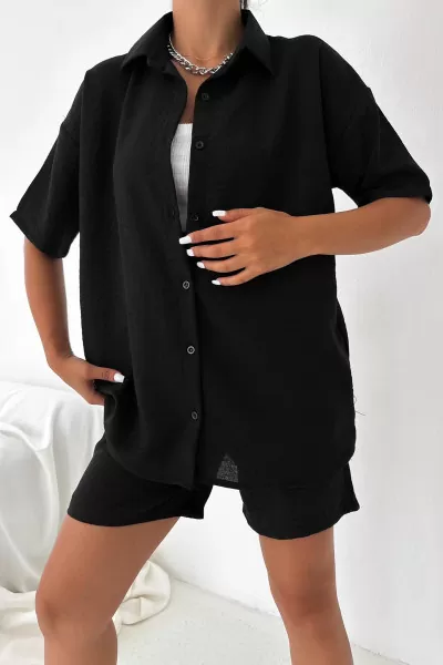 Siyah Keten Gömlek Şort Kadın Takım