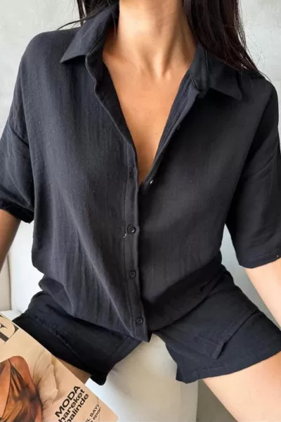 Siyah Keten Şort Gömlek Kadın Alt Üst Takım