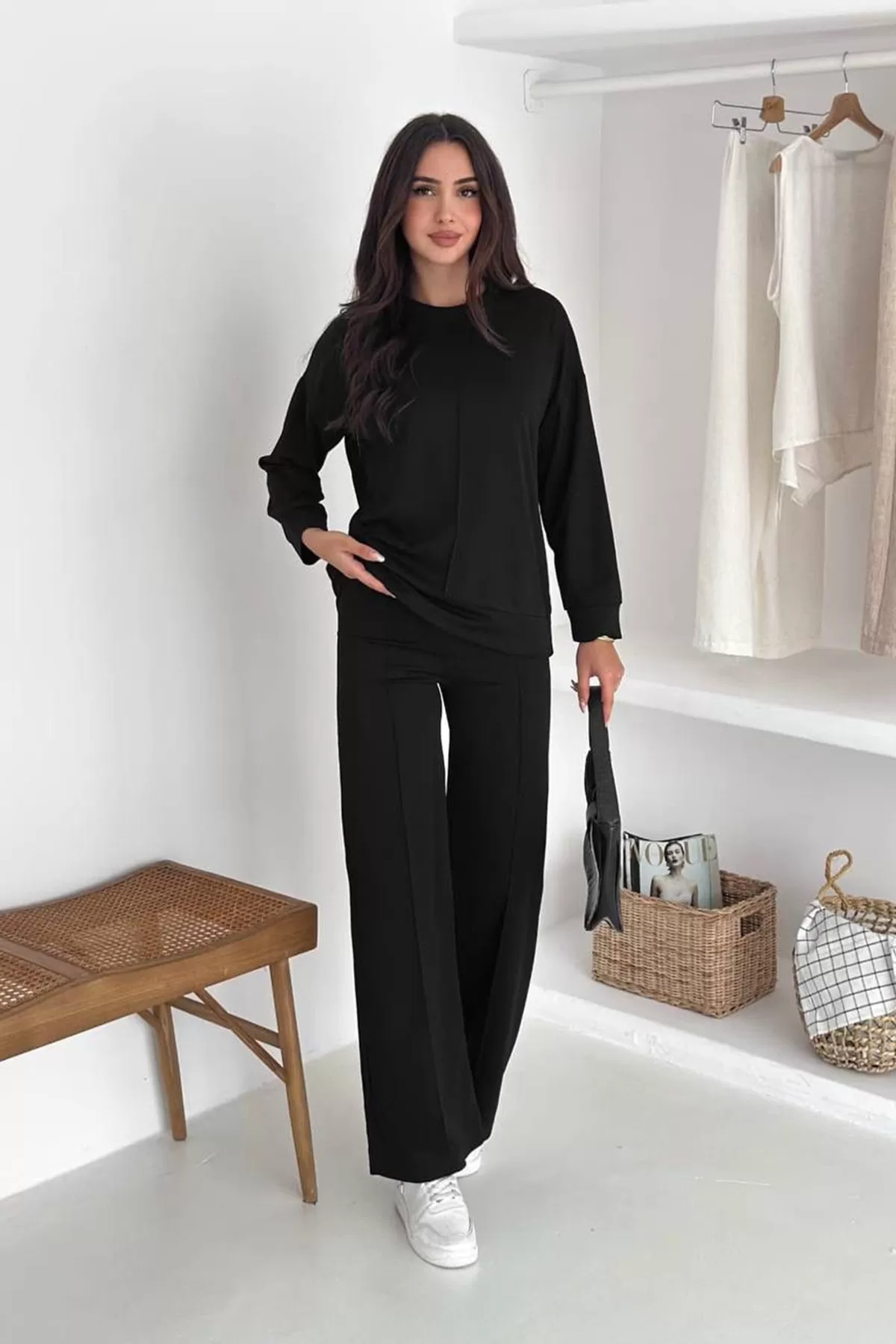Siyah Modal Kumaş Kadın Alt Üst Takım