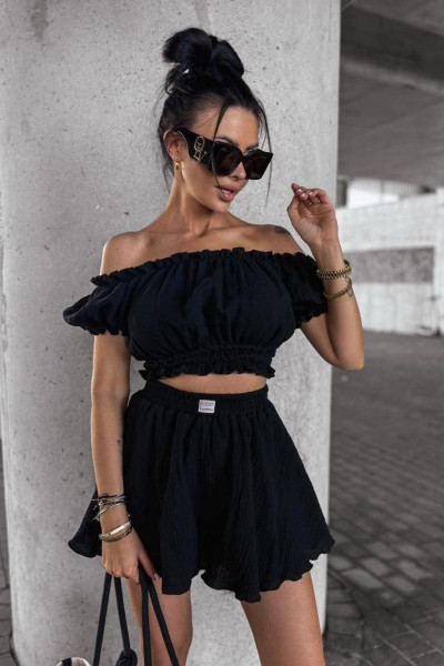 Siyah Müslin Kumaş Kadın Etek Bluz Takım