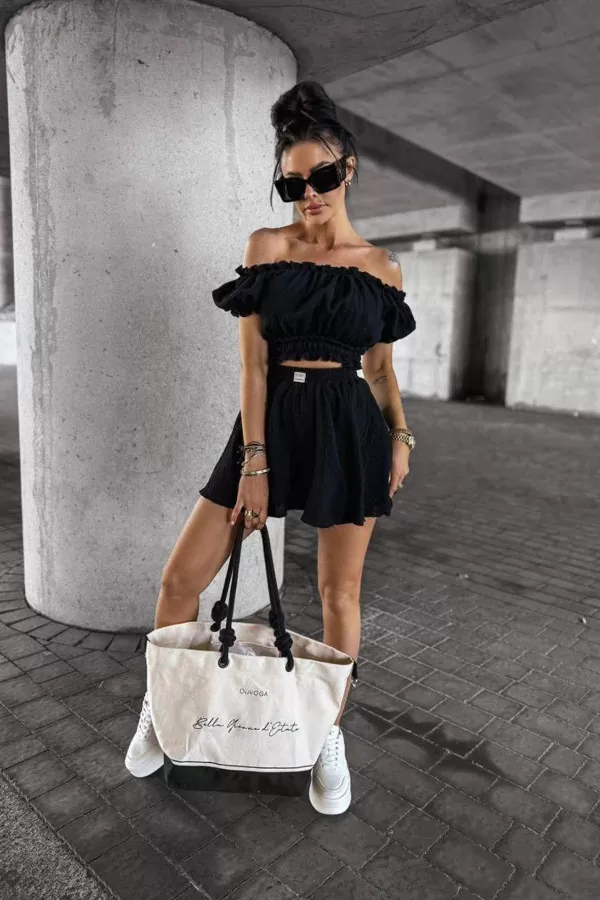 Siyah Müslin Kumaş Kadın Etek Bluz Takım