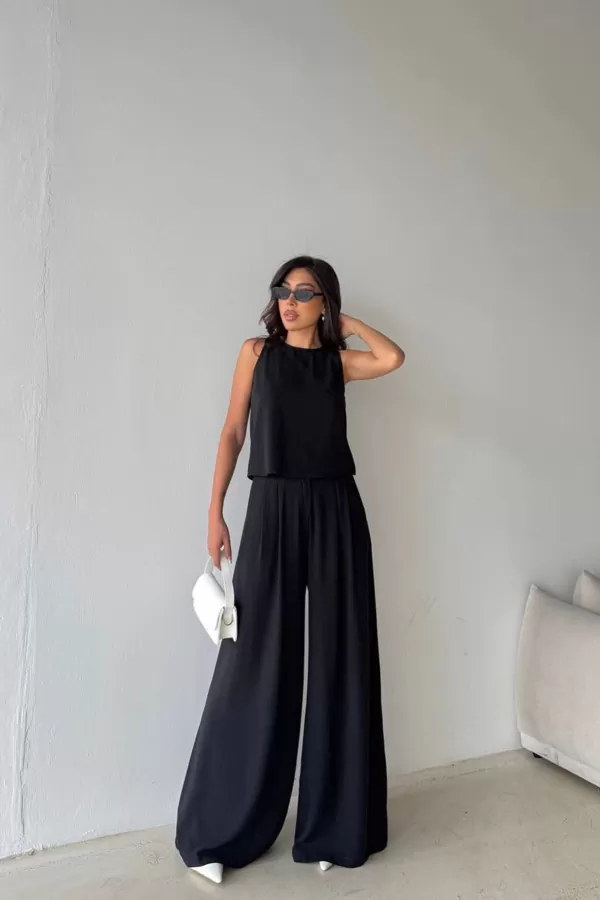 Siyah Pamuk Keten Kadın Alt Üst Takım