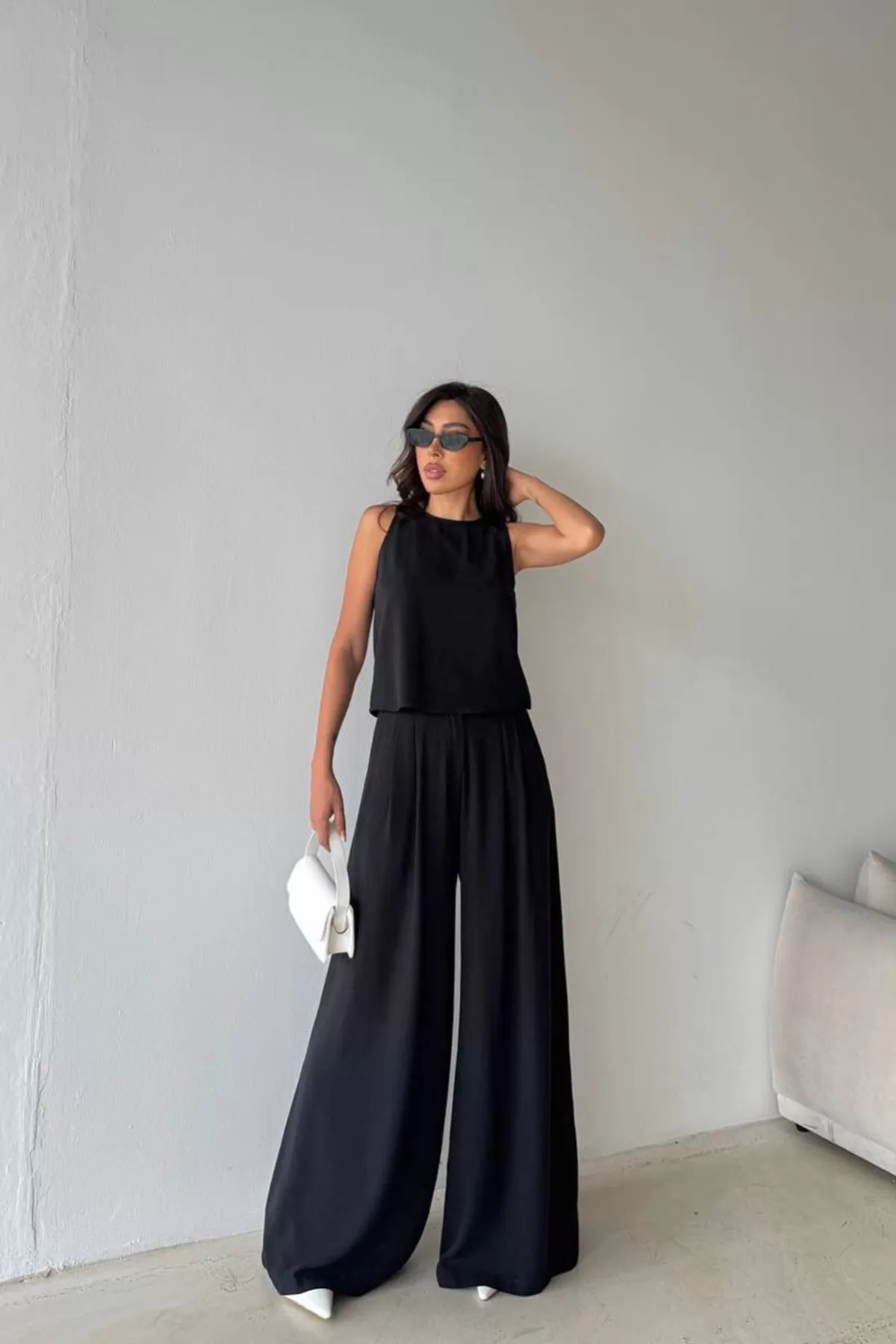 Siyah Pamuk Keten Kadın Alt Üst Takım