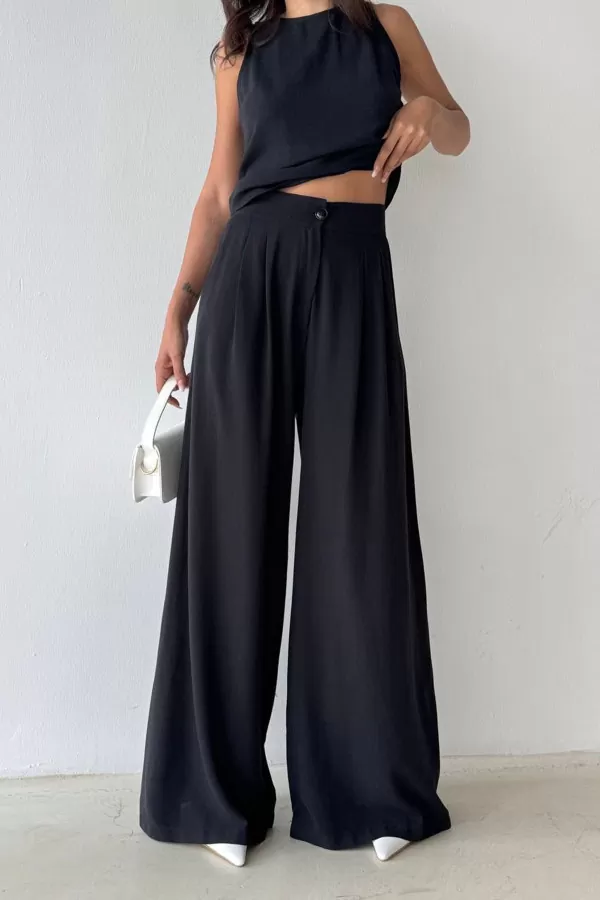 Siyah Pamuk Keten Kadın Alt Üst Takım