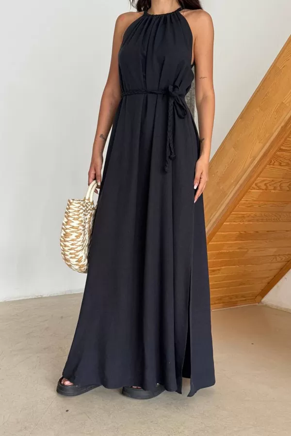 Siyah Pamuk Keten Yırtmaçlı Maksi Boy Elbise