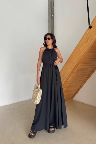 Siyah Pamuk Keten Yırtmaçlı Maksi Boy Elbise