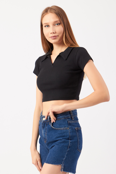 Siyah Pamuklu Kaşkorse Crop Bluz