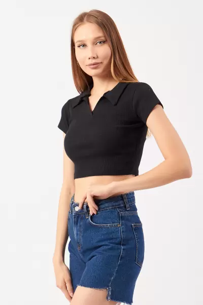 Siyah Pamuklu Kaşkorse Crop Bluz