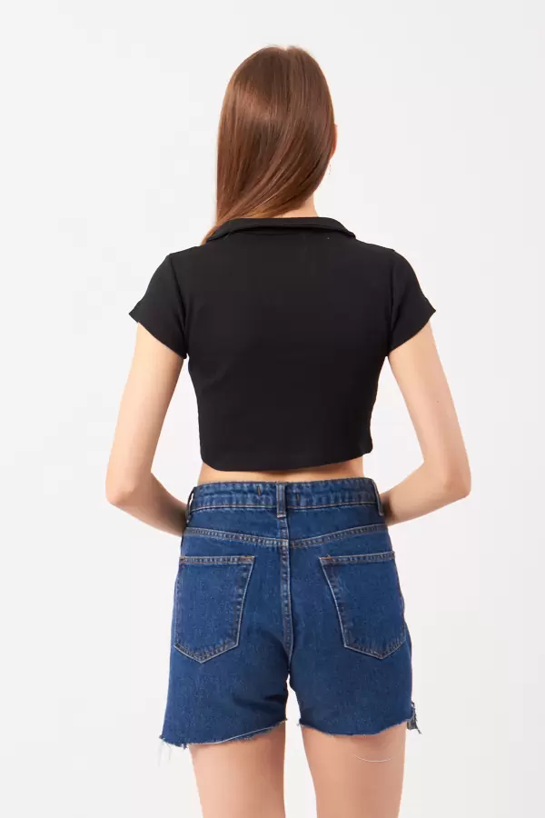 Siyah Pamuklu Kaşkorse Crop Bluz