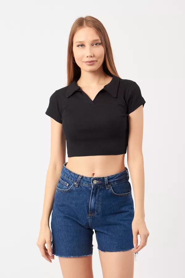 Siyah Pamuklu Kaşkorse Crop Bluz