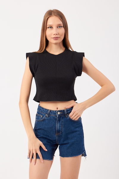 Siyah Pamuklu Kaşkorse Kolsuz Crop Bluz