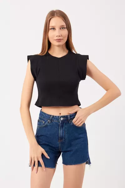 Siyah Pamuklu Kaşkorse Kolsuz Crop Bluz