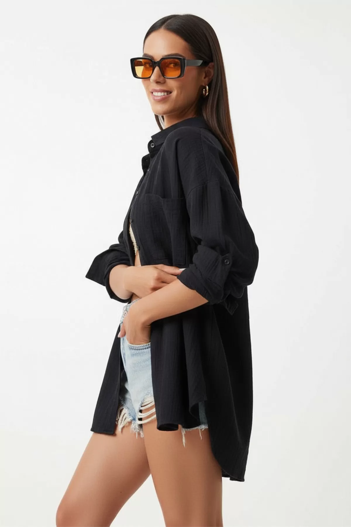 Siyah Pamuklu Müslin Kumaş Kadın Gömlek