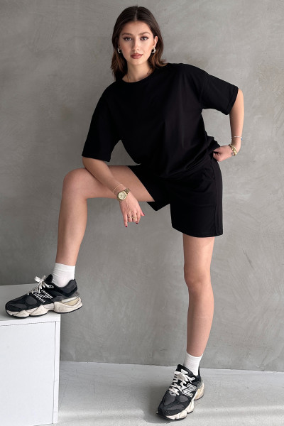 Siyah Pamuklu Oversize Tişört Şort Kadın İkili Takım