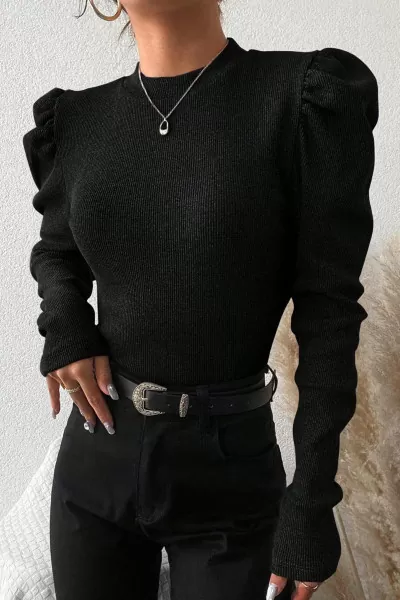 Siyah Pamuklu Uzun Balon Kol Bluz