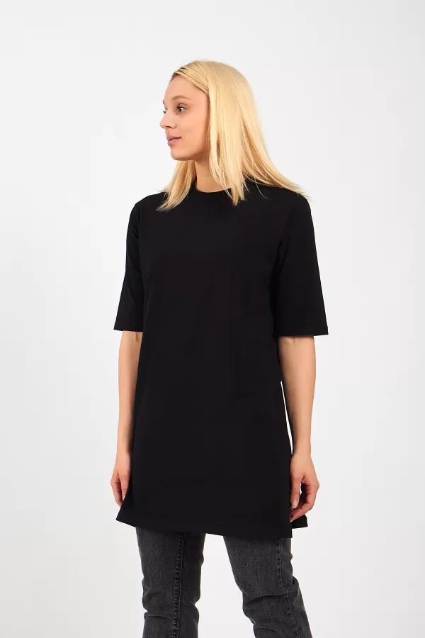Siyah Pamuklu Uzun Kadın Tişört