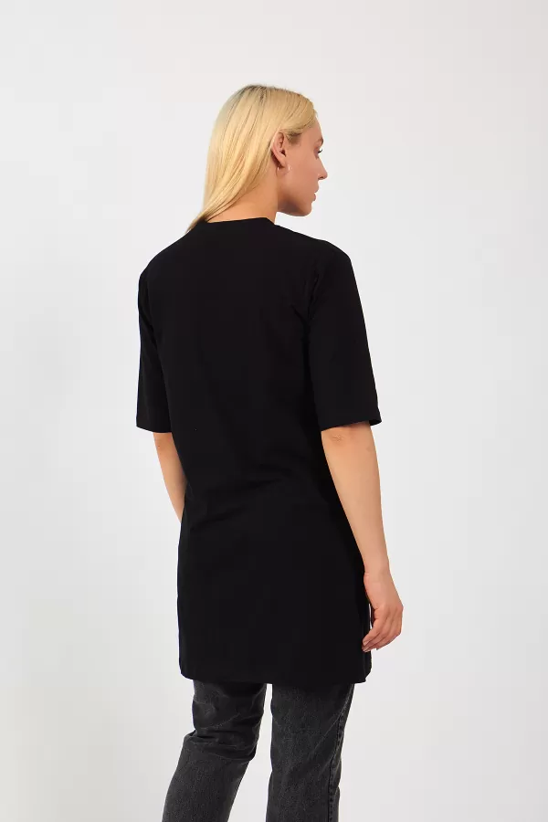 Siyah Pamuklu Uzun Kadın Tişört