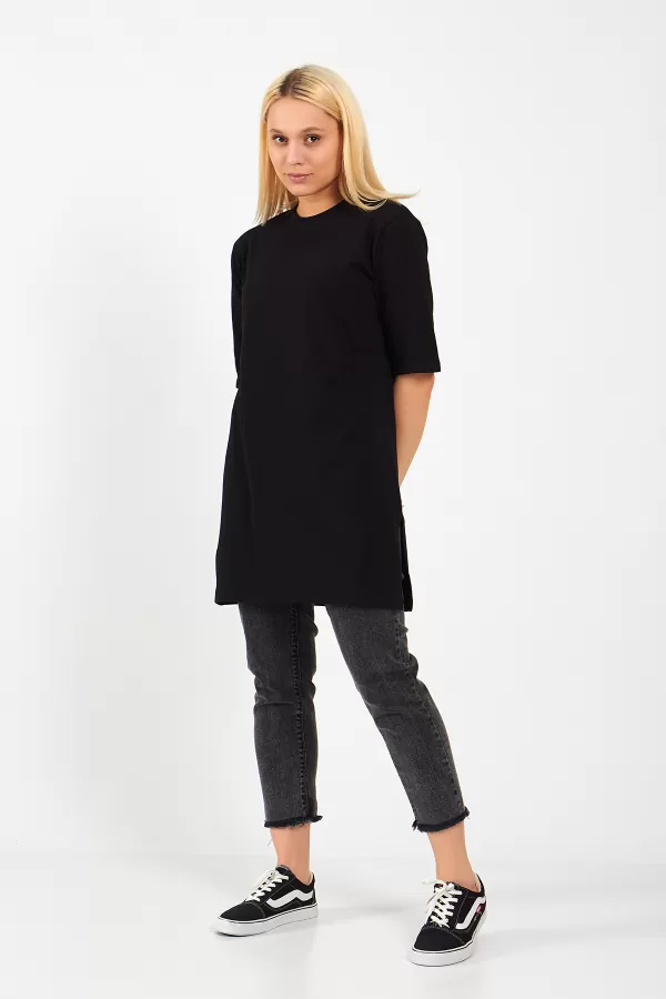 Siyah Pamuklu Uzun Kadın Tişört