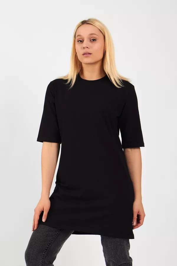 Siyah Pamuklu Uzun Kadın Tişört