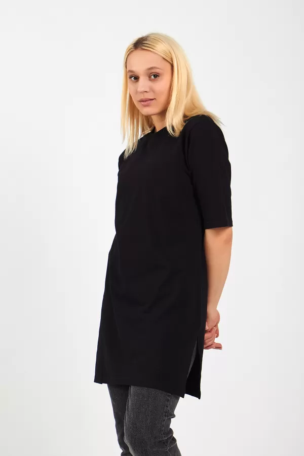 Siyah Pamuklu Uzun Kadın Tişört