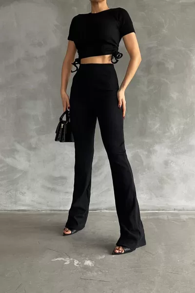 Siyah Pantolon Asansörlü Crop Kadın Alt Üst Takım