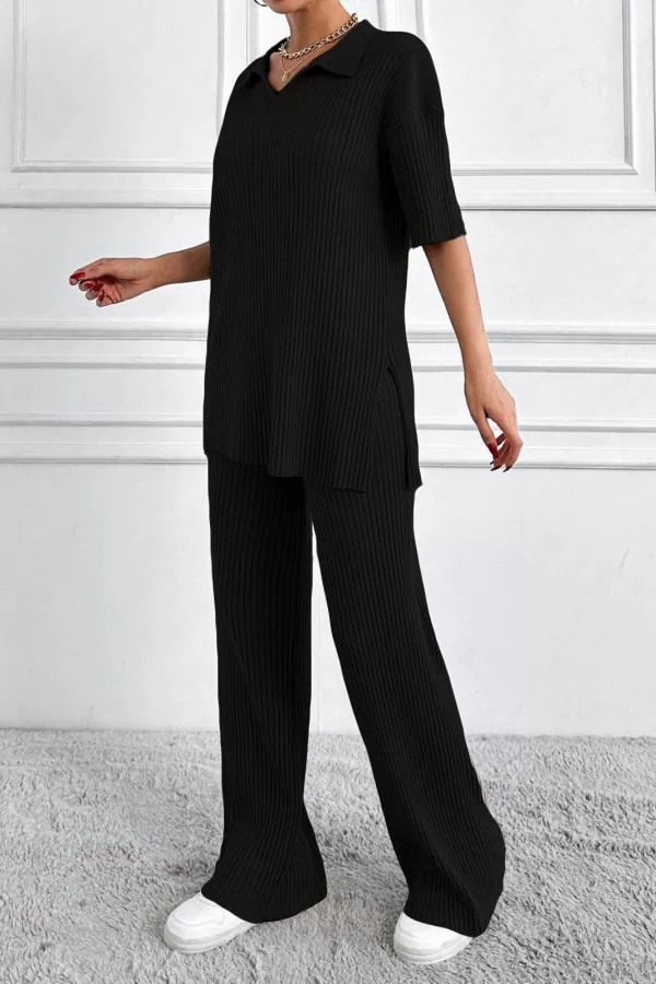 Polo Yaka Kısa Kollu Siyah Kadın Alt Üst Takım
