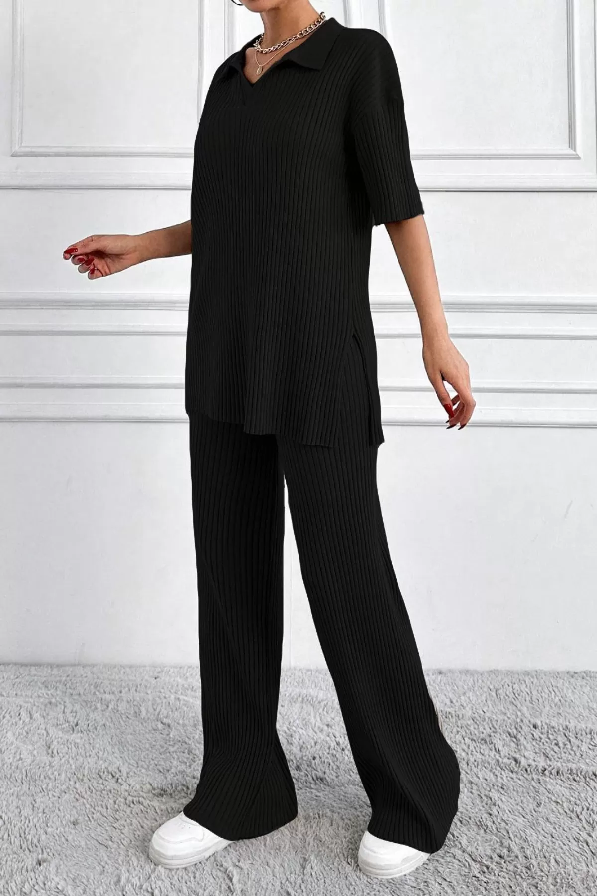 Polo Yaka Kısa Kollu Siyah Kadın Alt Üst Takım