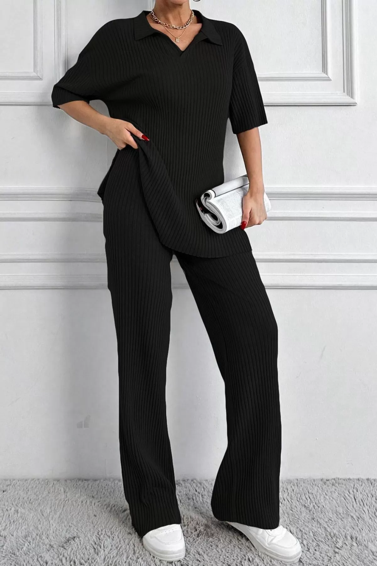 Polo Yaka Kısa Kollu Siyah Kadın Alt Üst Takım