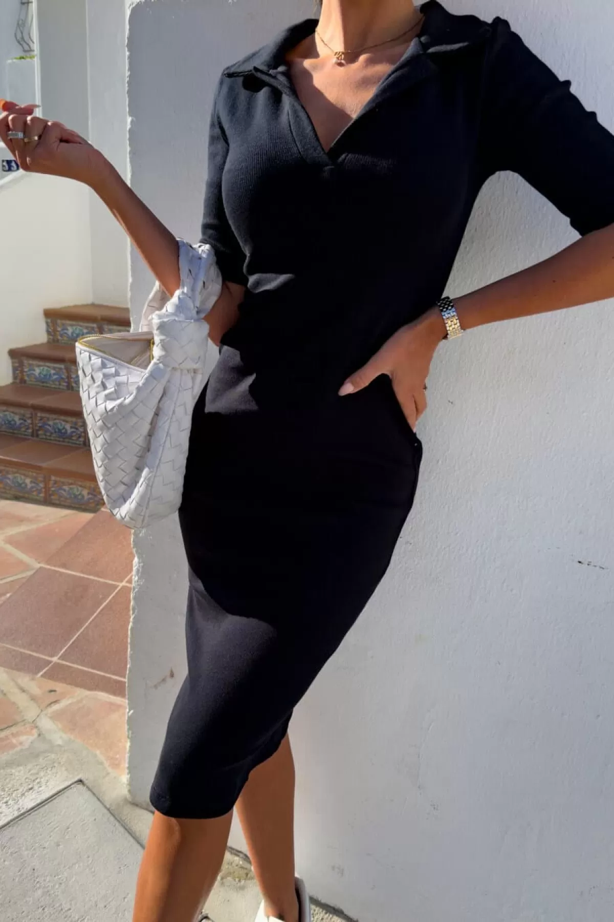 Siyah Polo Yaka Midi Elbise