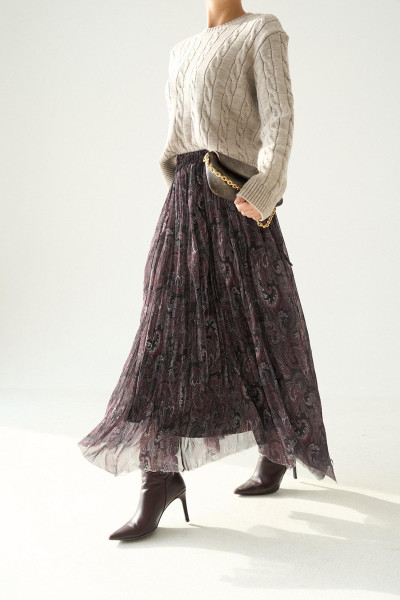 Siyah Şal Desenli Asimetrik Kesim Kloş Etek