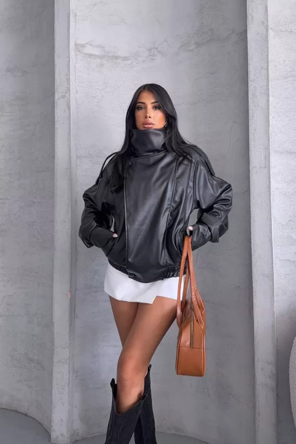 Siyah Suni Deri Kadın Ceket