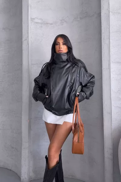 Siyah Suni Deri Kadın Ceket